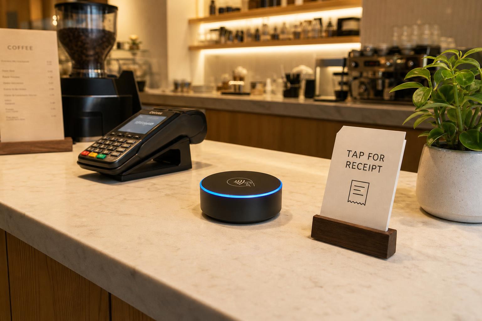 Tappli NFC puck on a café checkout counter